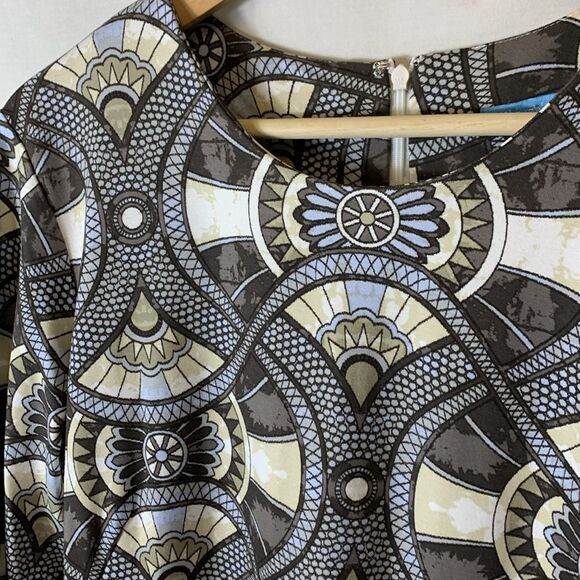 J. McLaughlin Devon Gray Taupe Blue Geo Pattern 3/4 Sleeve Midi Sheath Dress L - Picture 4 of 14